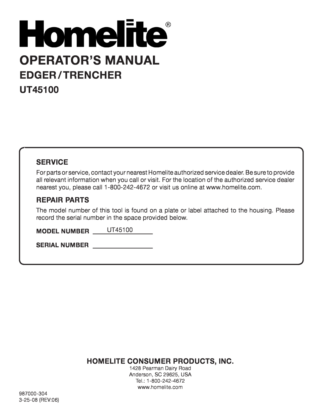 Homelite UT45100 manual Operator’S Manual, EDGER / trencher, Service, Repair Parts, Homelite Consumer Products, Inc 